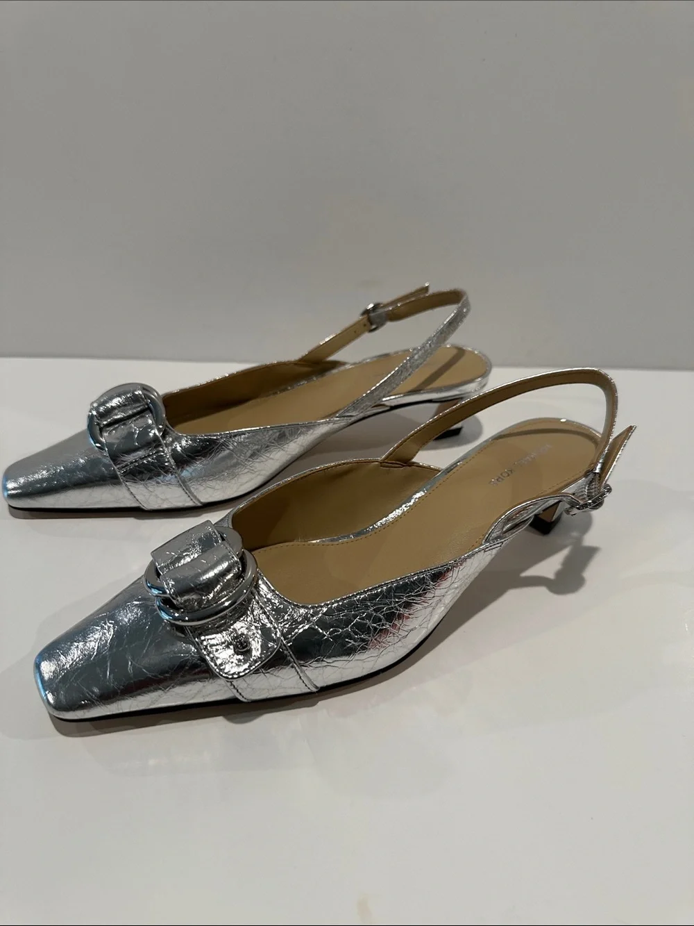 NWT Michael Kors Silver Metallic 2” Kitten Heel Slingbacks w/adj. buckle